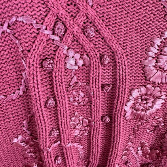 Ninon De Lenclos Vintage Pink Mock Neck Cable Knit Ribbon Embellished Sweater L - Picture 5 of 7
